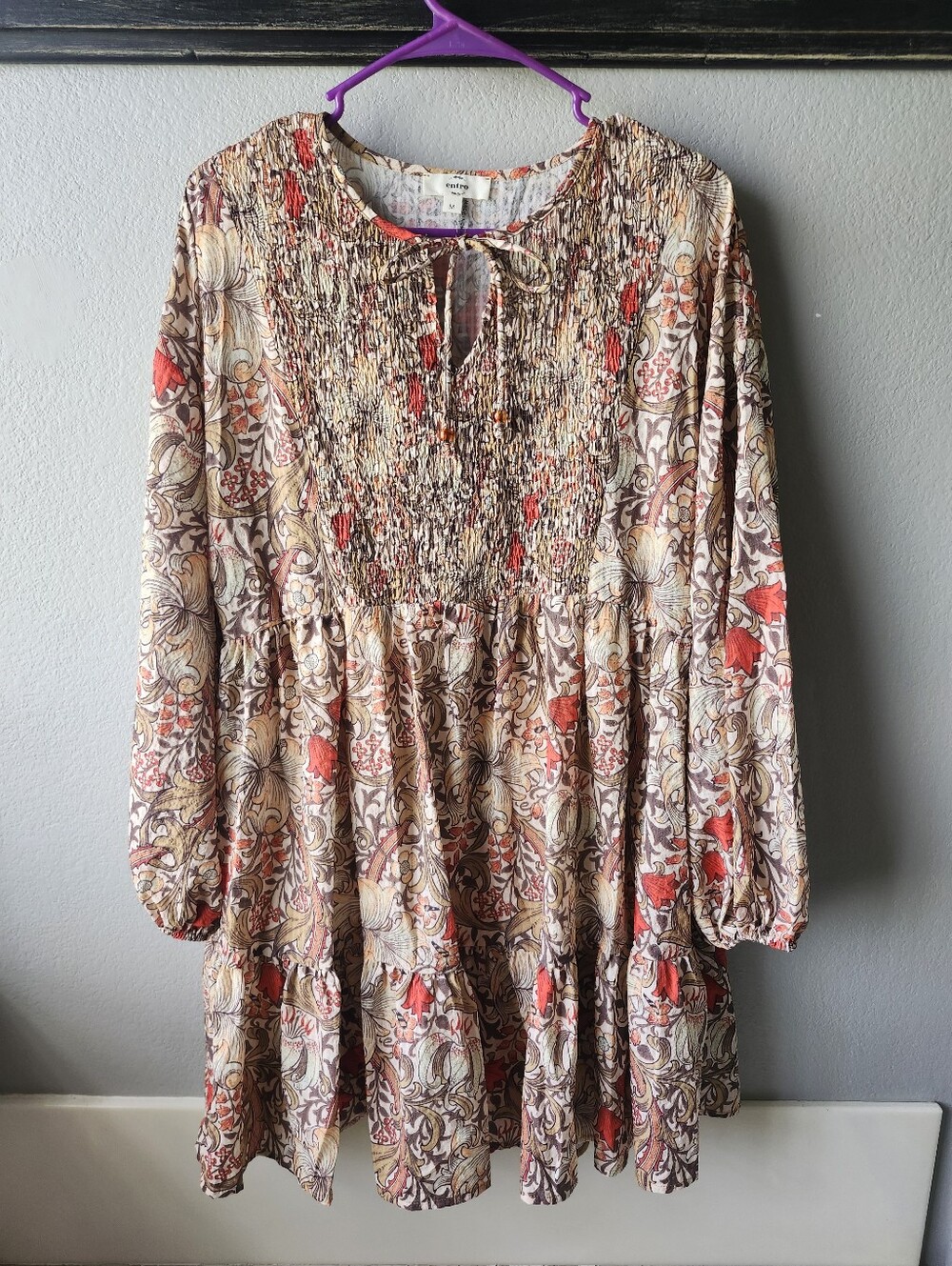 entro Floral Tie-Neck Blouse in Cream, Rust, and Brown